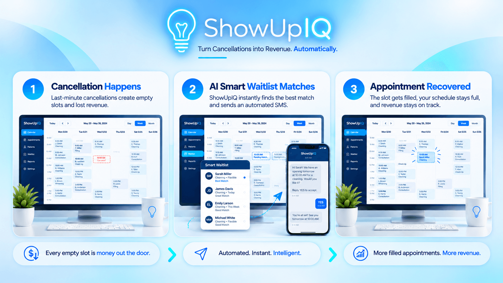 ShowUpIQ three-step appointment recovery process